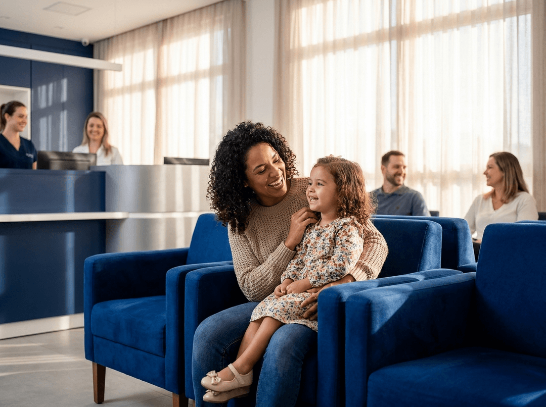 Mãe e filha em clínica médica moderna